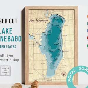 Fichier numérique PDF, SVG, IA - carte du lac Winnebago, carte en bois du Missouri, profondeur bathymétrique, fichier découpé au laser, décor de maison de lac 12х18 po