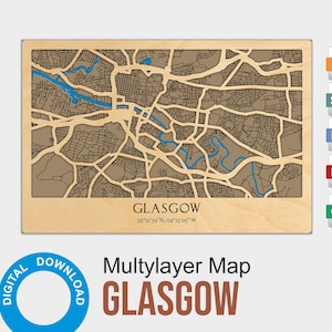 Fichiers de carte découpés au laser 3D de Glasgow - Décor de plan de rue multicouche Fichiers numériques découpés au laser - PDF, Svg, Eps, Ai, Cdr