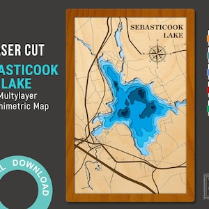 Sebasticook Lake Schnittdateien, PDF, AI, SVG - Holz Mehrschichtige Laser Cut Design, Newport Schichtholz Tiefenkarte-Bathymetrisch-3D, 8х12 Zoll