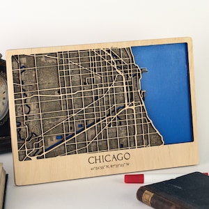 Chicago Street Wood Karte | 3D Stadtplan | Straßenausschnitte aus Holz | Illinois State Maps | Holz Karte Reise Kunst Weihnachten Geschenk Hochzeit