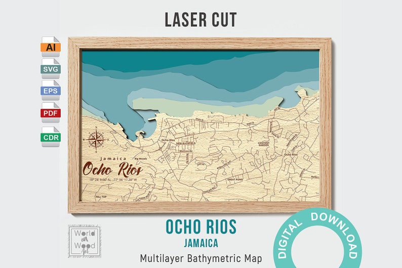 Ocho Rios Jamaica Map, Laser Cut Files, 3D Wood, Multilayer (digital ...