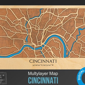 3D lasergesneden kaart van Cincinnati, Cincinnati SVG-kaart, meerlaagse stratenkaart decor Lasergesneden digitale bestanden – PDF, Svg, Eps, Ai, Cdr