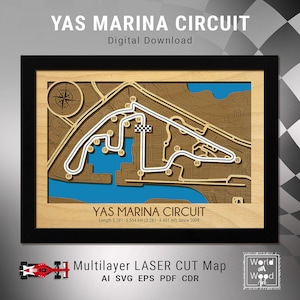 Yas Marina Circuit kaart SVG, racebanen 3D houten kaart, Abu Dhabi Grand Prix kaart, lasergesneden digitale bestanden, 8,5 x 12 inch, digitale download