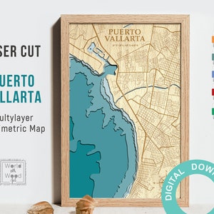 Porto Vallarta - Digitale Datei PDF, SVG - 3D Laser geschnittene Karte von Mexiko, Holzkarte, lasergeschnittene Datei, 8x12 inch,