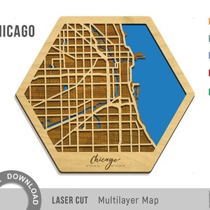Mapa de Chicago cortado con láser, mapa hexagonal, forma hexagonal 3D, decoración de mapa de calles multicapa, archivos cortados con láser: PDF, Svg, Eps, Ai, Cdr, mapa topográfico