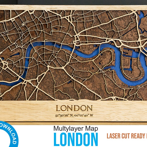 3D Laser Cut Map of London - Multilayer Map Decor Laser Cut Digital Files –PDF, Svg, Eps, Ai, Cdr