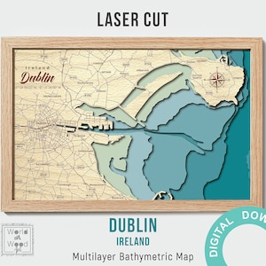 Dublin Map Plotter-Dateien, PDF, AI, SVG - Holz Multilayer Laser Cut Design, geschichtete Hölzerne Tiefenkarte-Bathymetrisch-3D, 12х18 Zoll digital