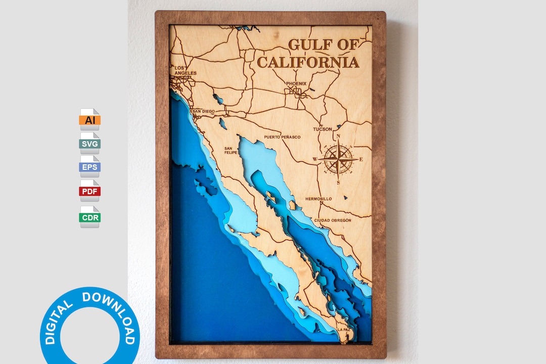 Digital File SVG, PDF - Gulf of California Map, Multilayer Vector Map ...