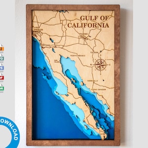Fichier numérique SVG, PDF - carte du golfe de Californie, carte vectorielle multicouche, bathymétrie du bois, fichier découpé au laser, cadeaux de pendaison de crémaillère
