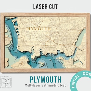 3D Karte von Plymouth Bathymetry mit mehreren Ebenen, digitale Datei PDF, SVG, Karte von Plymouth Bathymetry, 20x12 inch, handgemacht, Plymouth, UK
