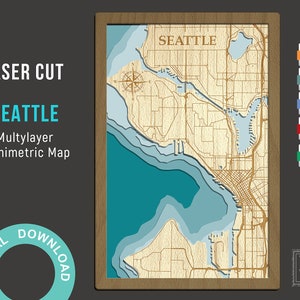 Archivos de corte de Seattle, PDF, AI, SVG - Diseño de corte láser multicapa de madera, mapa de profundidad de madera en capas-batimétrico-3D, digital de 8х12 pulgadas