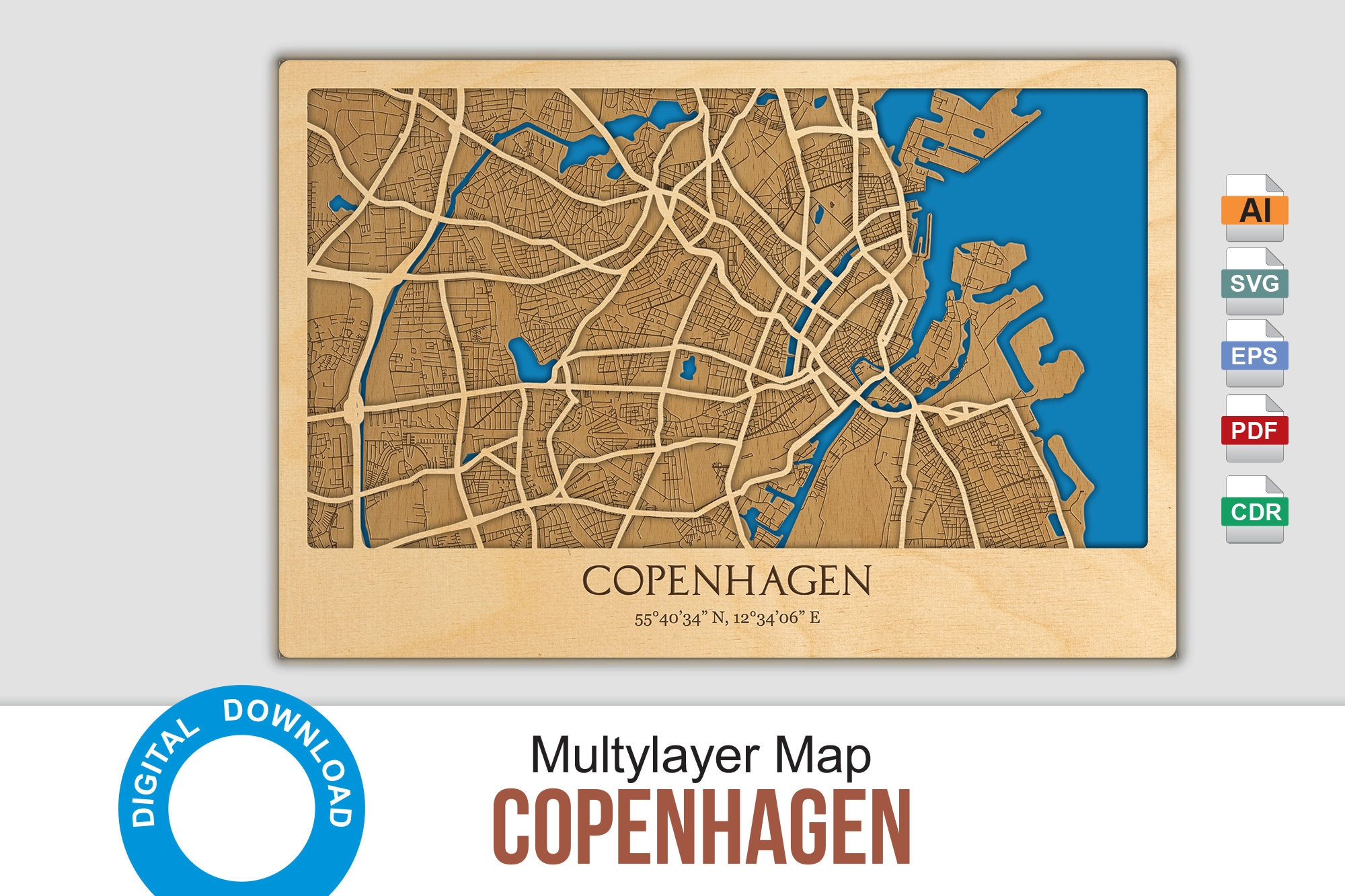 3D Laser Cut Map of Copenhagen Multilayer Denmark Map Decor Laser Cut Digital Files PDF, Svg