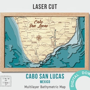 Fichiers de découpe Cabo San Lucas, PDF, AI, SVG - conception laser multicouche en bois du Mexique, carte de profondeur en bois - bathymétrique-3D, numérique 12х18 pouces
