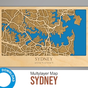 3D Lasergesneden kaart van Sydney - Meerlaags stratenplandecor, Australië Lasergesneden digitale bestanden - PDF, Svg, Eps, Ai, Cdr