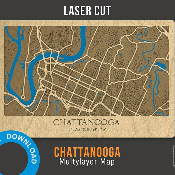 3D Laser Cut Map of Chattanooga - Multilayer Map Decor Laser Cut Digital Files –PDF, Svg, Eps, Ai, Cdr