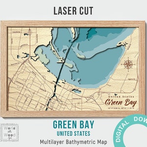 Green Bay Plotterdatei, PDF, AI, SVG - Holz Multilayer Laser Cut Design, geschichtete Holz Tiefenkarte-Bathymetrisch-3D, 12х18 Zoll digital