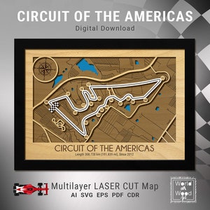 Austin-trackkaart SVG, 3D-houtkaart Circuit of the Americas, Formule 1 Circuit Racing, lasergesneden digitale bestanden, 8,5 x 12 inch