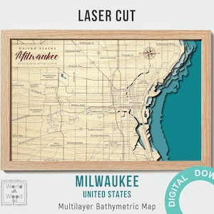File digitale SVG, PDF - Mappa della baia di Milwaukee, Wisconsin, mappa vettoriale multistrato, batimetrica in legno, file pronto per taglio laser 3D, regalo di anniversario