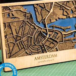 Digitaal bestand - Amsterdam 3D lasergesneden kaart - meerlaagse kaart decor lasergesneden – pdf, svg, eps, ai, cdr