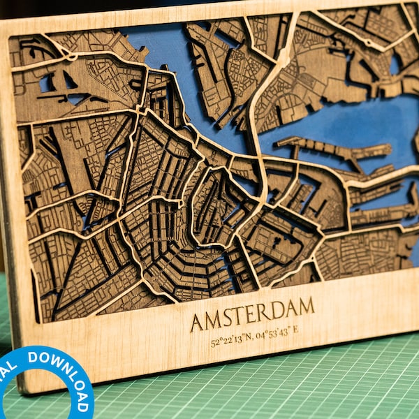 Digital File - Amsterdam 3D Laser Cut Map - Multilayer Map Decor Laser Cut – PDF, Svg, Eps, Ai, Cdr