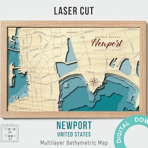 Newport, Rhode Island Map SVG, Laser Cut Dateien, Schichten Tiefe, 3D Holz Bathymetrische, Laser Cut Bereit Datei, Hochzeitsgeschenk
