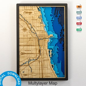 Archivo digital PDF, SVG, Ai: mapa de Chicago, mapa de madera de la orilla del lago de Chicago, profundidad batimétrica, archivo cortado con láser del lago Michigan de 12 x 18 pulgadas