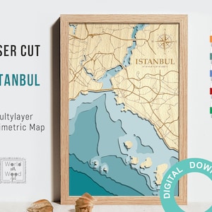 Archivo digital SVG, PDF - Mapa de Estambul, profundidad del agua 3d, mapa vectorial multicapa, batimétrico de madera, mapa del estrecho del Bósforo Archivo cortado con láser 8x12 pulgadas