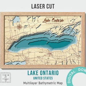 File digitale PDF, SVG - Mappa del lago Ontario, mappa del legno dei Grandi Laghi Profondità batimetrica, file tagliato al laser, decorazione della casa sul lago 12х18 in