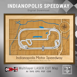 Circuit Indianapolis kaart SVG, racebanen 3D houten kaart, Grand Prix Circuit Racing, lasergesneden digitale bestanden, 8,5 x 12 inch