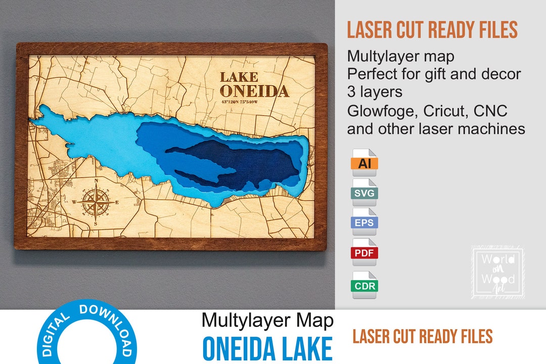 Digital File Oneida Lake Lake. PDF, AI, SVG Wood Multilayer Laser Cut