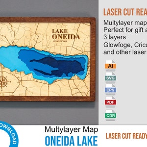 Digitaal bestand: Oneida Lake Lake. PDF, AI, SVG - meerlaags hout lasergesneden ontwerp, gelaagde houten kaart diepte kaart-bathymetrisch-3D, 12х18 inch.