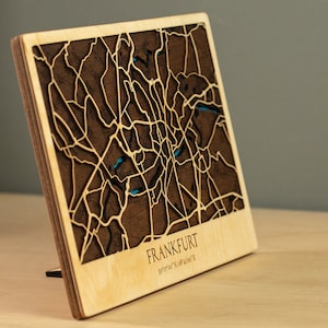 Mapa de madera de Frankfurt, Street 3D Maps Travel Art, Urban Map, Germany Wooden Map Decor, Regalo único de madera, 3D City Plan Frankfurt am Main