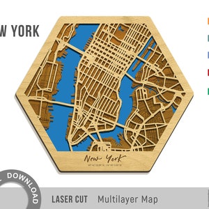 Lasergesneden kaart van New York, zeshoekige kaart, 3D-hexadecimale vorm, meerlagige stratenkaart Decor Lasergesneden bestanden – PDF, Svg, Eps, Ai, Cdr, DIGITALE DOWNLOAD