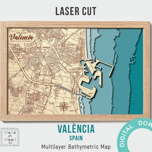 Valenien Karte Schneidedateien, PDF, AI, SVG - Holz Mehrschichtige Laser Cut Design, Spanien Karte Tiefe Karte-Bathymetrisch-3D, 12х18 Zoll digital