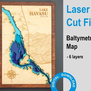 Digitale Datei - Havasu Lake. DXF, AI, SVG - Holz Multilayer Laser Cut Design, geschichtete Holzkarte, Tiefen Karte,Bathymetrisch-3D, 20 x 30 cm