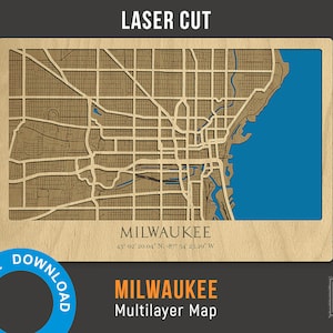 Milwaukee kaart SVG, 3D lasergesneden - meerlaagse stratenkaartdecoratie, lasergesneden digitale bestanden - PDF. Svg. Eps, Ai, Cdr. Wisconsin-decor