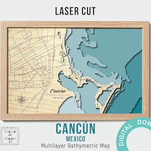 Digitale Datei - Cancun Karte SVG, AI, Eps, CRD, Pdf - Holz Multilayer Laser Cut Design, geschichtete Holz Tiefenkarte-Bathymetrisch-3D, 12х18 Zoll