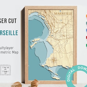 Arquivo digital Svg, Pdf - Mapa batimétrico cortado a laser 3D de Marselha, 8 x 12 polegadas, vetor em camadas, presente de aniversário