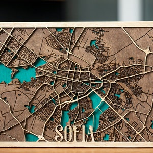 Sofia Street Map Wood | Carte de la ville 3D | Découpes de rue en bois | 8x12 à Sofia City Wood Map | Découpe laser | Carte en bois de la rue de la capitale de la Bulgarie