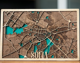 Sofia Street Map Wood | 3D City Map | Wooden Street Cutouts | 8x12 in Sofia City Wood Map | Laser Cut | Bulgaria Capital Street Wooden Map