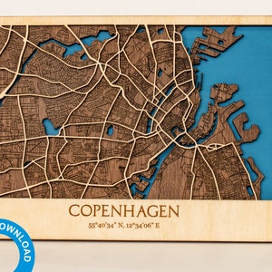 3D Laser Cut Karte von Kopenhagen - Multilayer Dänemark Karte Dekor Laser geschnitten Digitale Dateien - PDF, svg, eps, ai, cdr. 31 x 45 cm