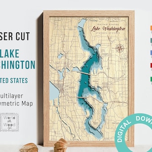 Fichier numérique PDF, SVG, IA - lac Washington, carte en bois au bord du lac de Seattle profondeur bathymétrique, fichier découpé au laser du lac Washington 12х18 po