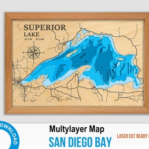 Lake Superior Schneidedateien, PDF, AI, SVG - Holz Multilayer Laser Cut Design, geschichtete hölzerne Tiefenkarte-Bathymetrisch-3D, 20x12 Zoll Digital