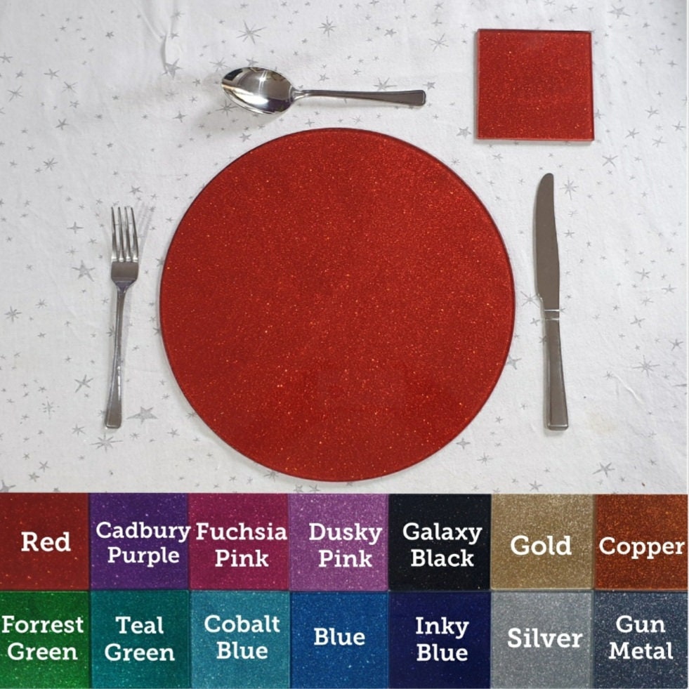 Set of 2 or 4 Glittered Glass Round Placemat & Square Coaster Set red