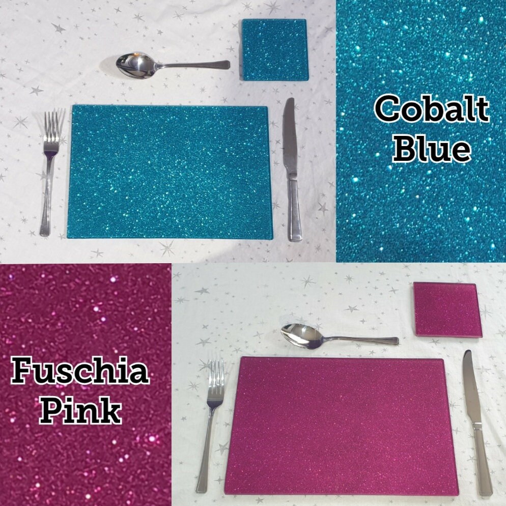 Set of 2 or 4 Glittered Glass Placemat & Coaster Sets Red Teal Etsy UK