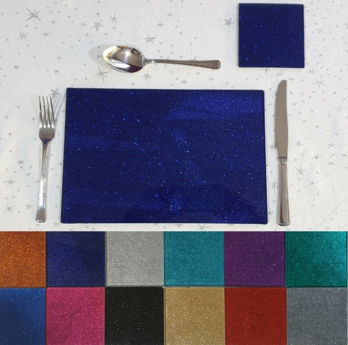 Set Of 2 or 4 Glittered Glass Placemat & Coaster Sets Red Teal Etsy