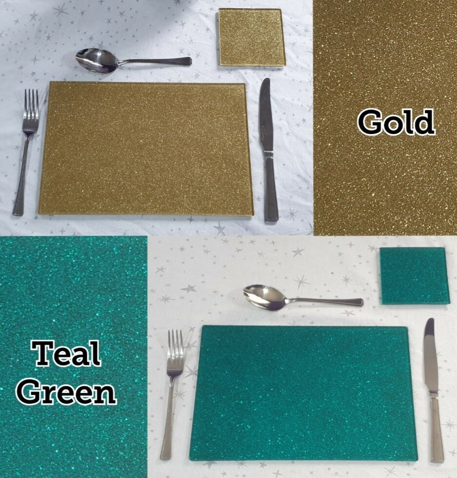 Set of 2 or 4 Glittered Glass Placemat & Coaster Sets Red Teal Etsy UK