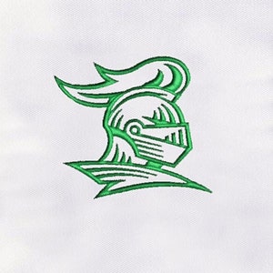 May include: Green line art illustration of a knight's helmet with a plume on a white background.