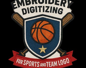 Può includere: Toppa ricamata con un design a tema basket. La toppa presenta un pallone da basket all'interno di uno scudo blu, con mazze da baseball incrociate e una stella d'oro. Il testo recita "EMBROIDERY DIGITIZING" e "FOR SPORTS AND TEAM LOGO" su uno stendardo rosso.