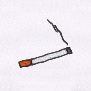 May include: A white background with a black and white embroidered image of a cigarette with a small orange tip and a thin black line of smoke rising from the top.
